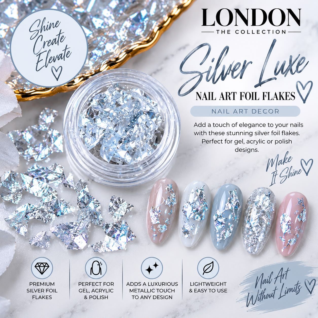 Silver Luxe Nail Art Foil Flakes