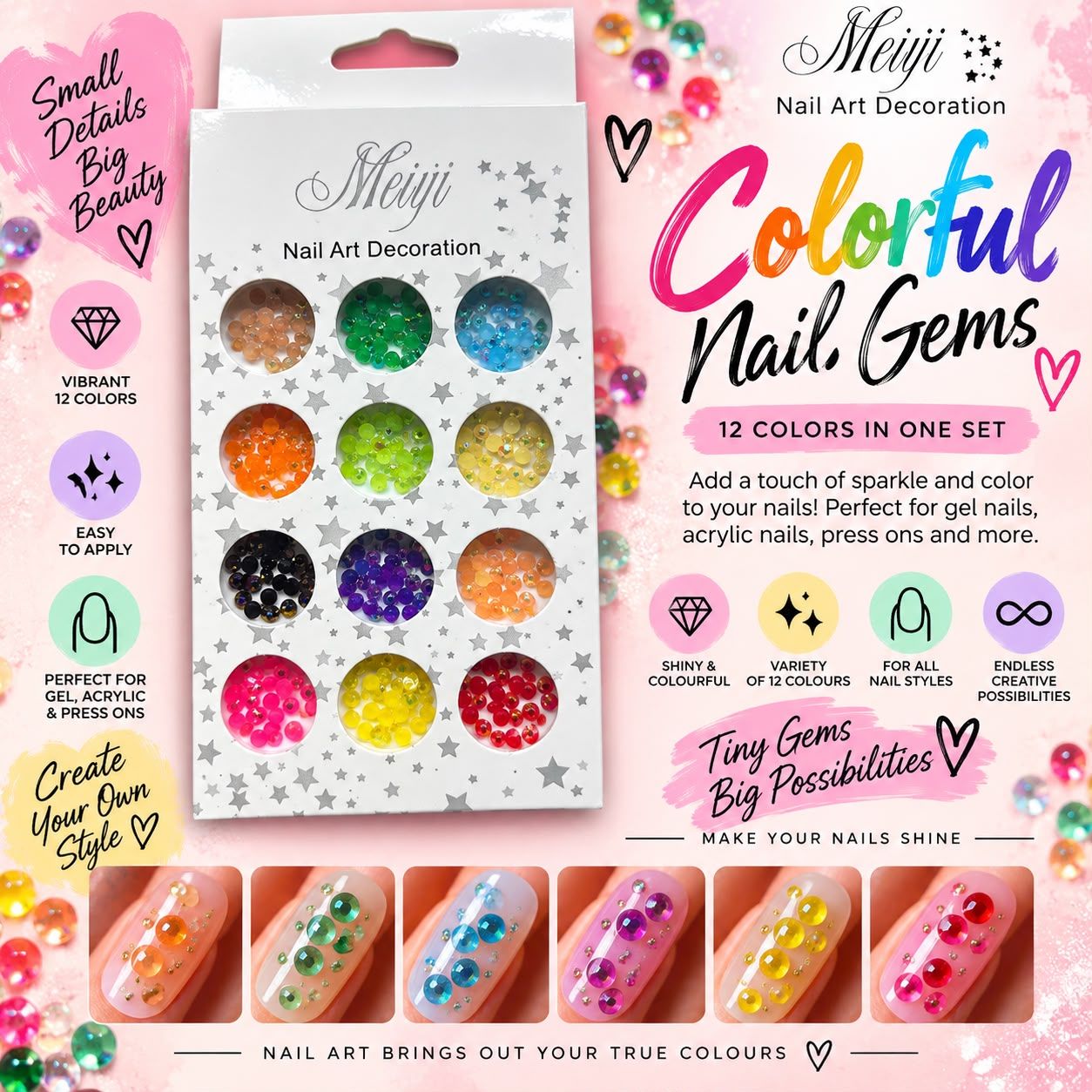 Meiyi Nail Art Decoration- Colourful Nail Gems