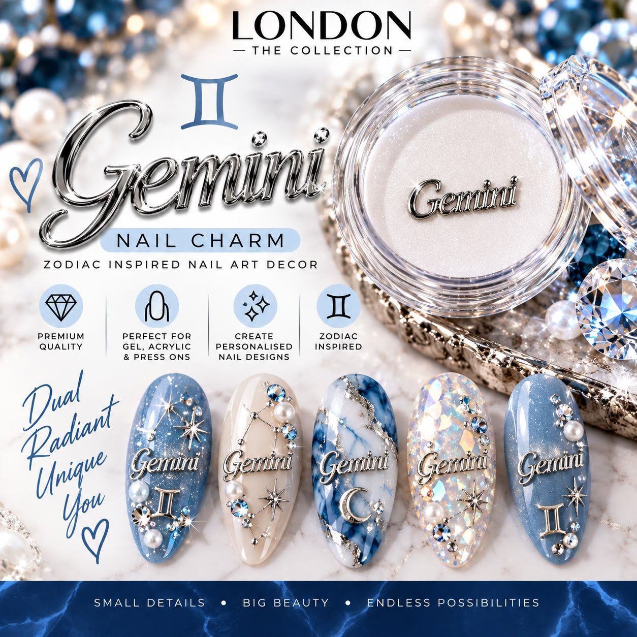 Gemini - Silver Nail Charm