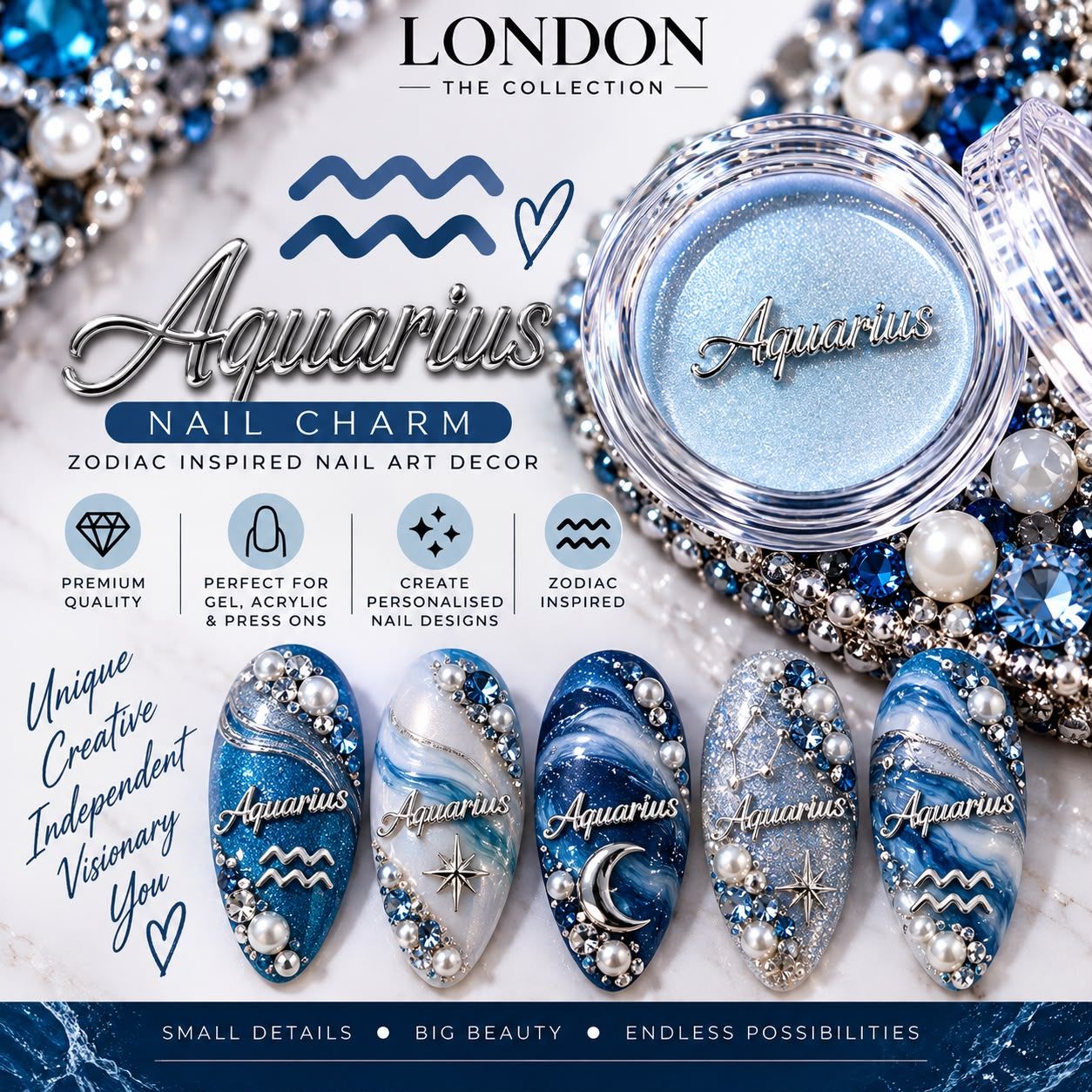 Aquarius - Silver Nail Charm