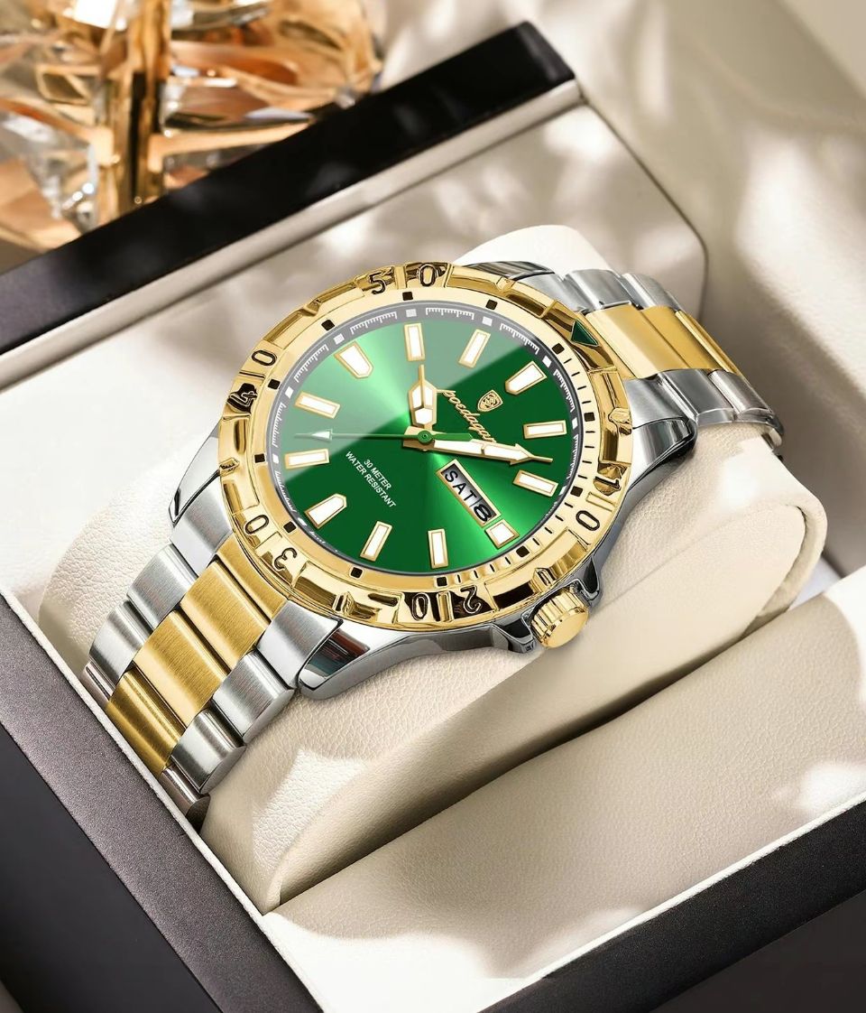 Men’s business waterproof luminous fashion round dial analog quartz watch.