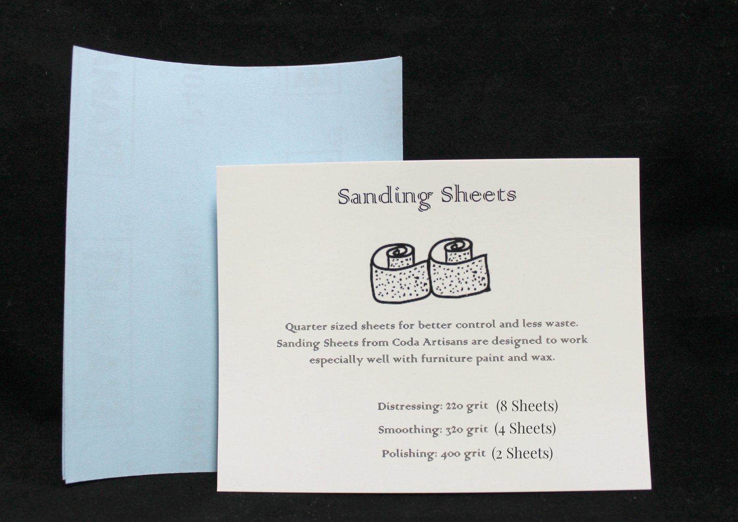 Sanding Sheets (pack of 14- 1/4 sheets, 3 grits: 220, 320, 400) Sanding Sheets (pack of 14- 1/4 sheets, 3 grits: 220, 320, 400)