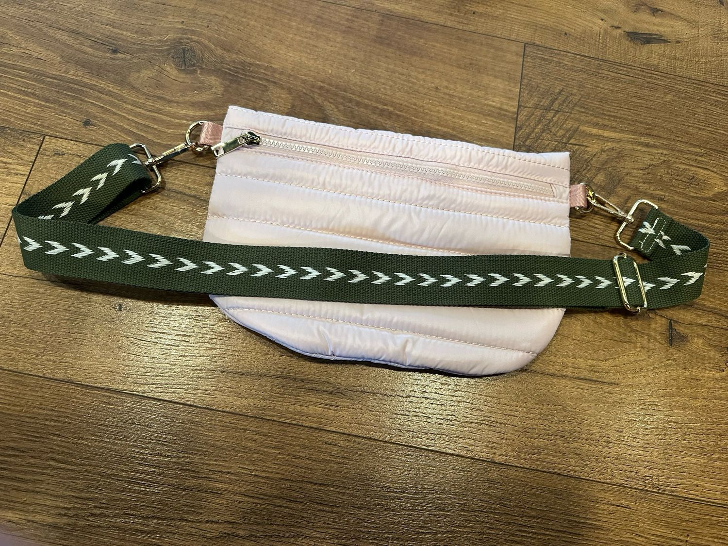 Pink w/ olive arrow strap puffer