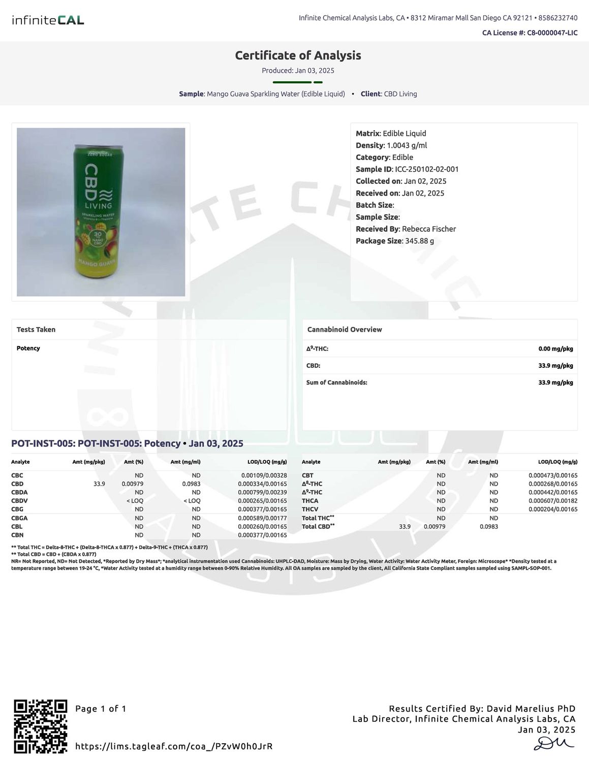 CBD Living Sparkling  Water 12oz can