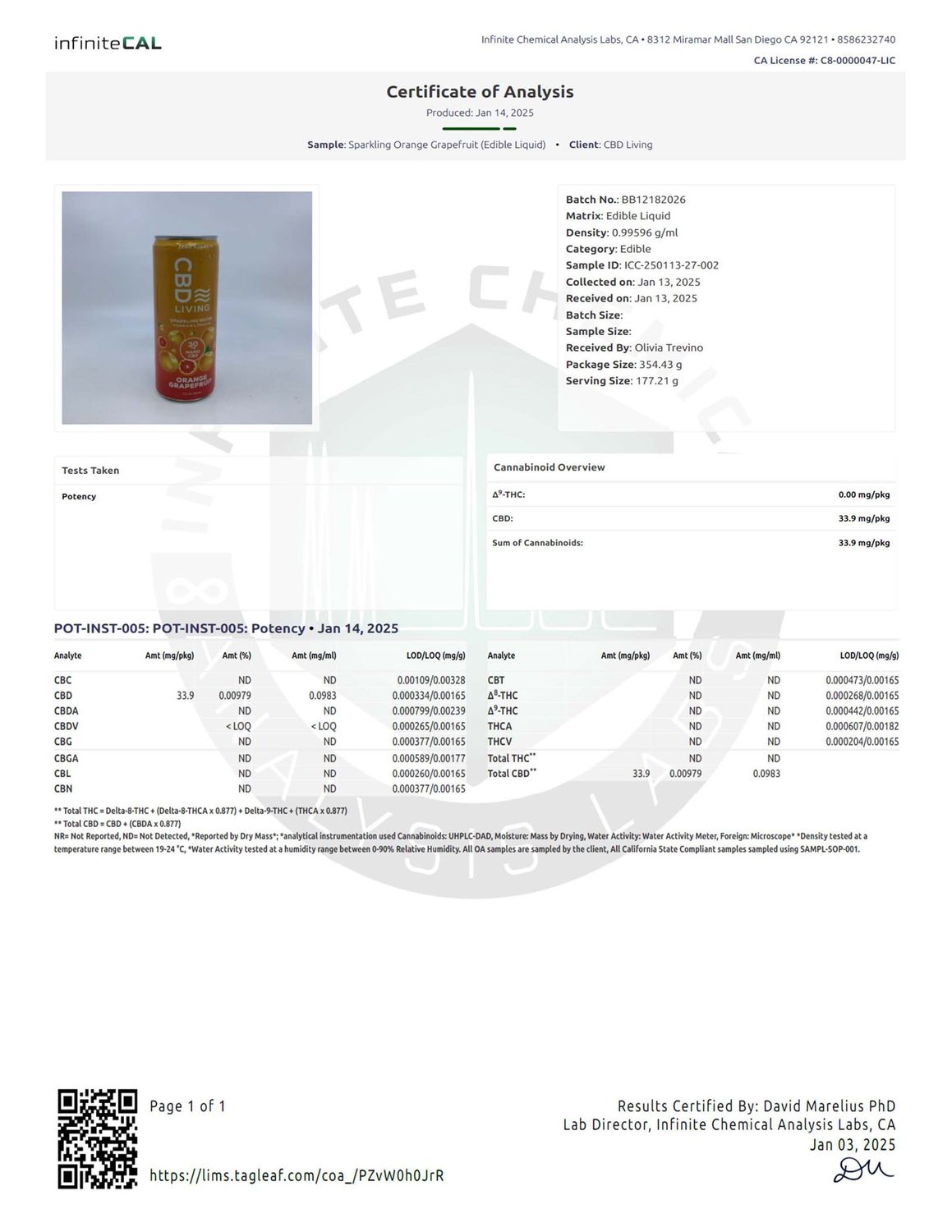 CBD Living Sparkling  Water 12oz can