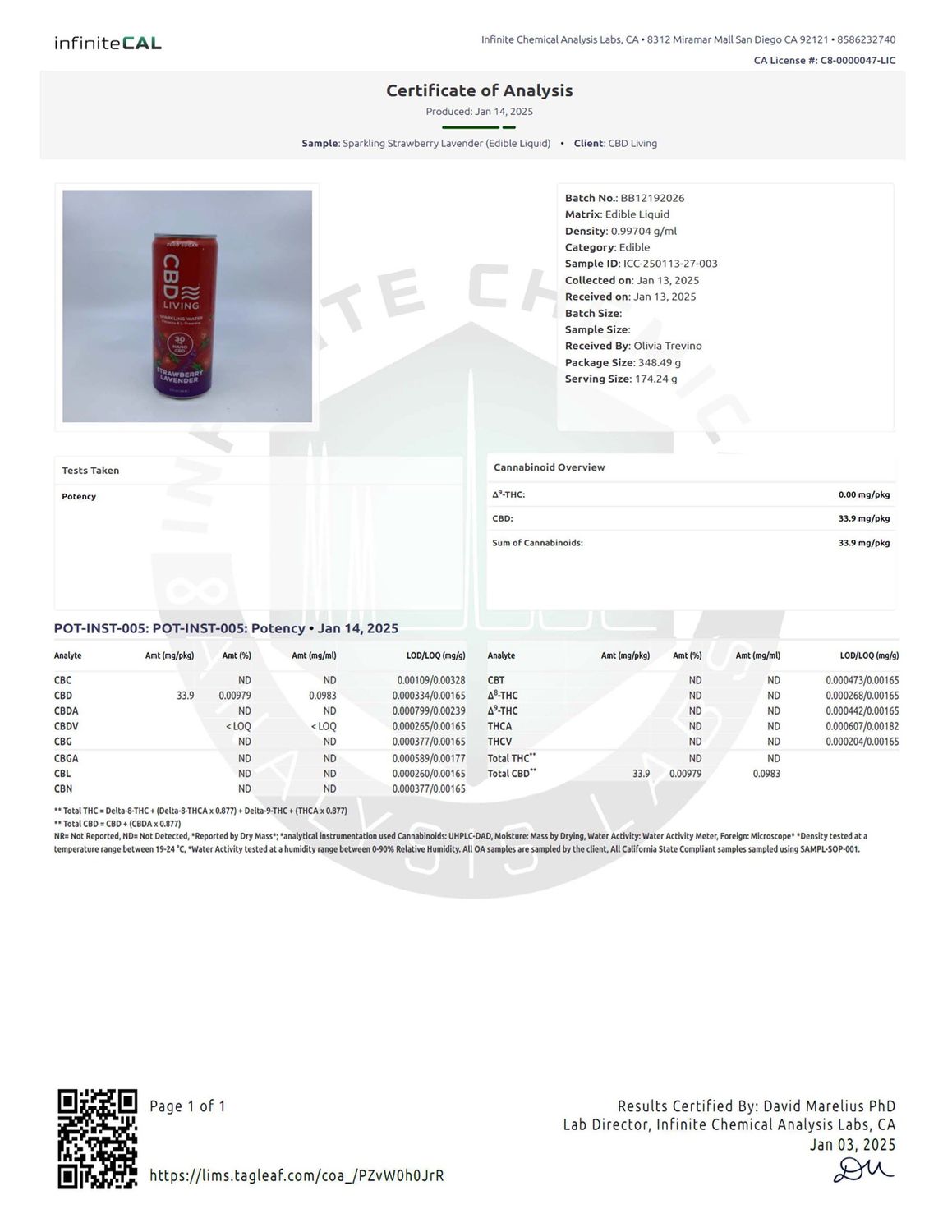 CBD Living Sparkling  Water 12oz can