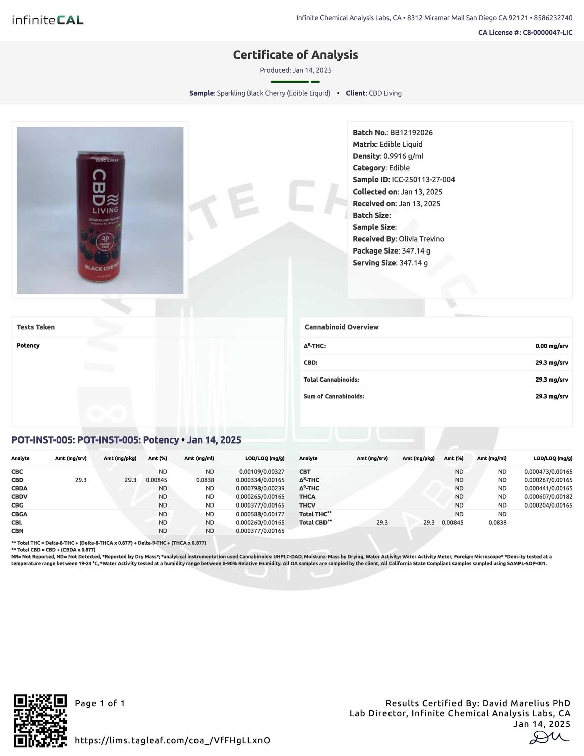 CBD Living Sparkling  Water 12oz can