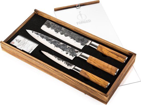 Forged Olive 3-delig: koksmes, hakbijl