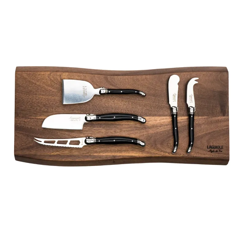 Laguiole Style de Vie Kaasmessenset Premium Line - Set van 5 - met Serveerplank Acacia - Zwart