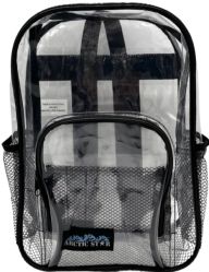 Backpack - Clear - 15 Inch - Side Mesh Pockets - Front Mesh Organizing Compartment - Padded Straps - Black, Blue, Green, Purple