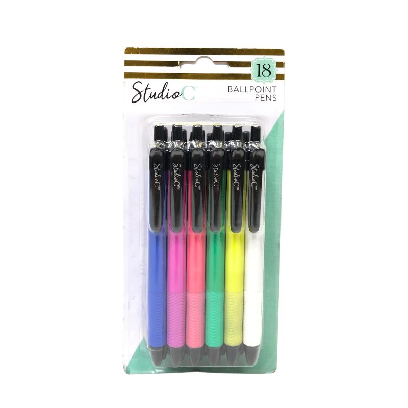 18Ct Ballpoint Pens Fashion Barrels Black Ink Medium Point Comfort Grips