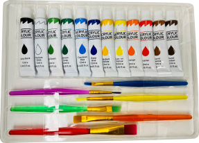 Acrylic Paint and Brush Set - 12 Acrylic Paints 12ml Tubes - 6 Assorted Size Brushes - Color Box - Studio C