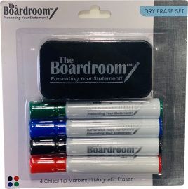 Dry Erase Set - 4 Broad Chisel Tip Dry Erase Markers - 1 Magnetic Eraser