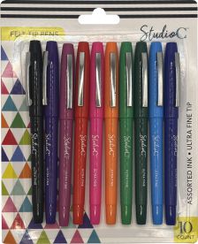Felt Tip Pens - 10 Count -Assorted Color Ink - Ultra Fine Tip - Metal Clip - Studio C