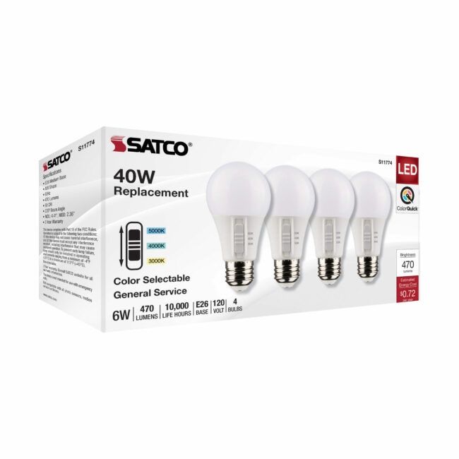 A19 COLOR SELECTABLE 4PK BULDS 40 WATT