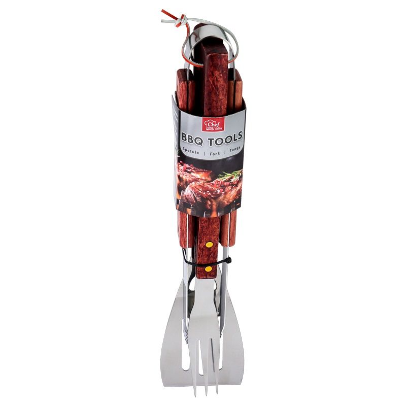 3 PCS BBQ TOOL SET WOODEN HANDLE