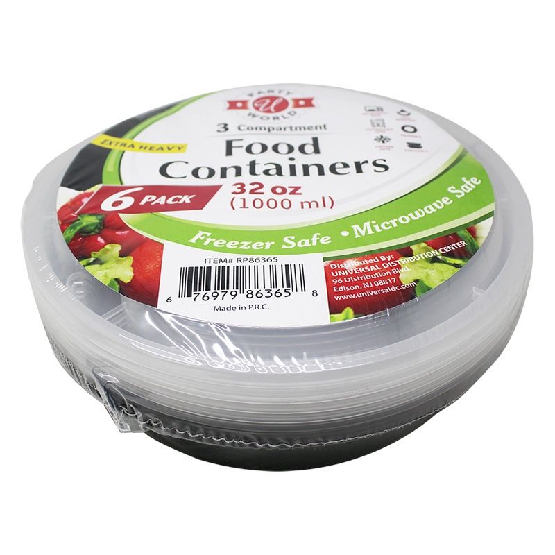 6PK 3COMP B&amp;W ROUND CONTAINER 32OZ