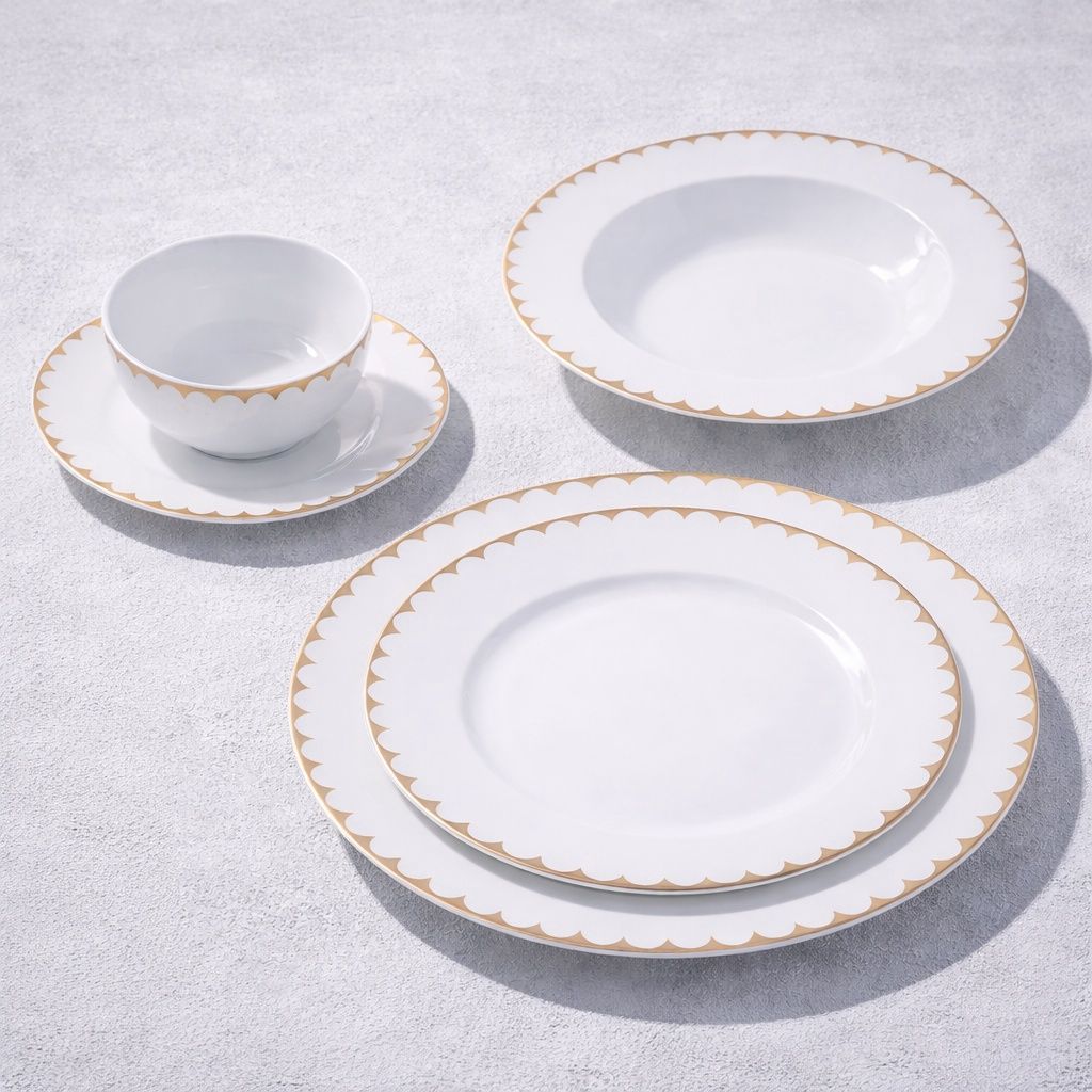 Vikko Daisy Classic Bone China White with Gold Rim 20 Pc Dinnerware Set Service for 4