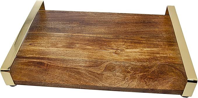 Godinger Wooden Challah Board Tray Platter with Gold Handles, Large - 20" x 14"