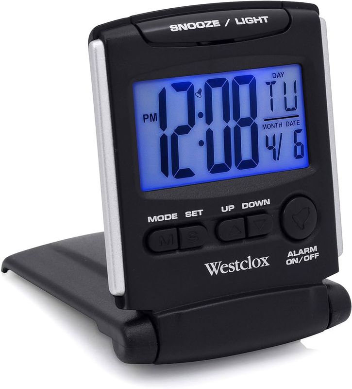 Westclox Travel LCD Alarm Clock, Folding Cover, Large Display, Blue Backlight, Black