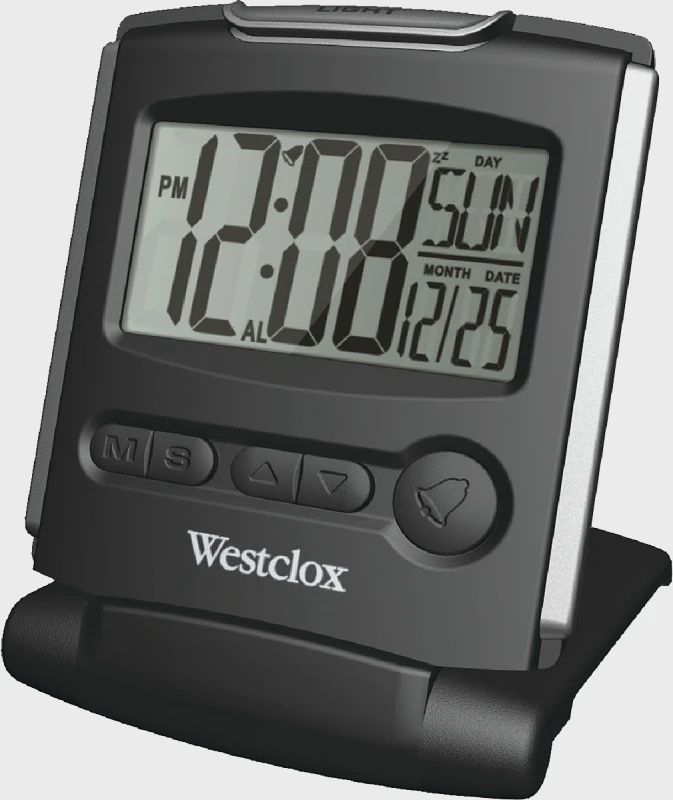 Westclox Travel LCD Alarm Clock, Folding Cover, Large Display, Blue Backlight, Black