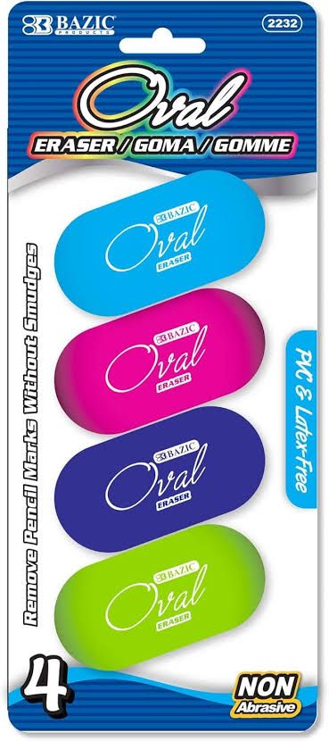 4 Bright Color Oval Erasers, Latex-Free, PVC-Free