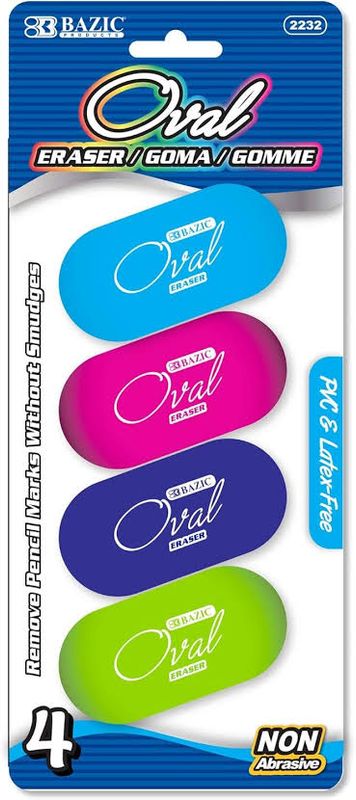 4 Bright Color Oval Erasers, Latex-Free, PVC-Free