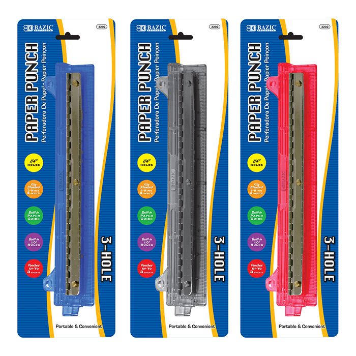 Portable 3-Hole Paper Punch, Guide &amp; 10 in Ruler