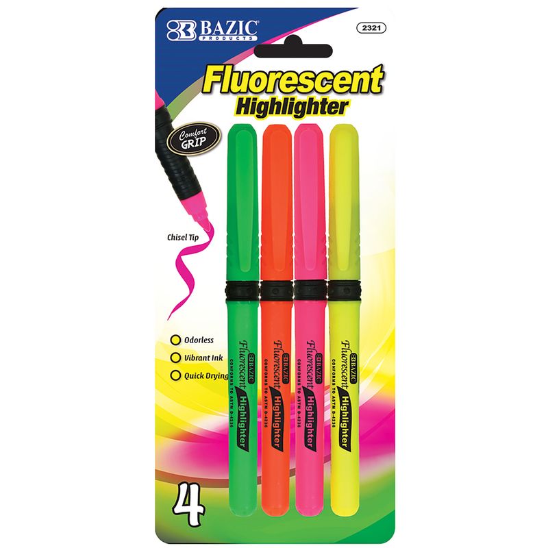 4 Pen Style Highlighters, Cushion Grip, Chisel Tip