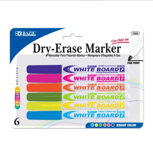 6 Bright Color Fine Tip Dry Erase Markers, Low-Odor