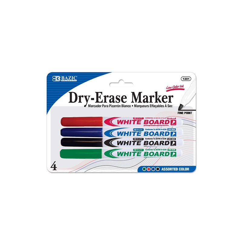 4 Assorted Fine Tip Dry Erase Markers, Low-Odor