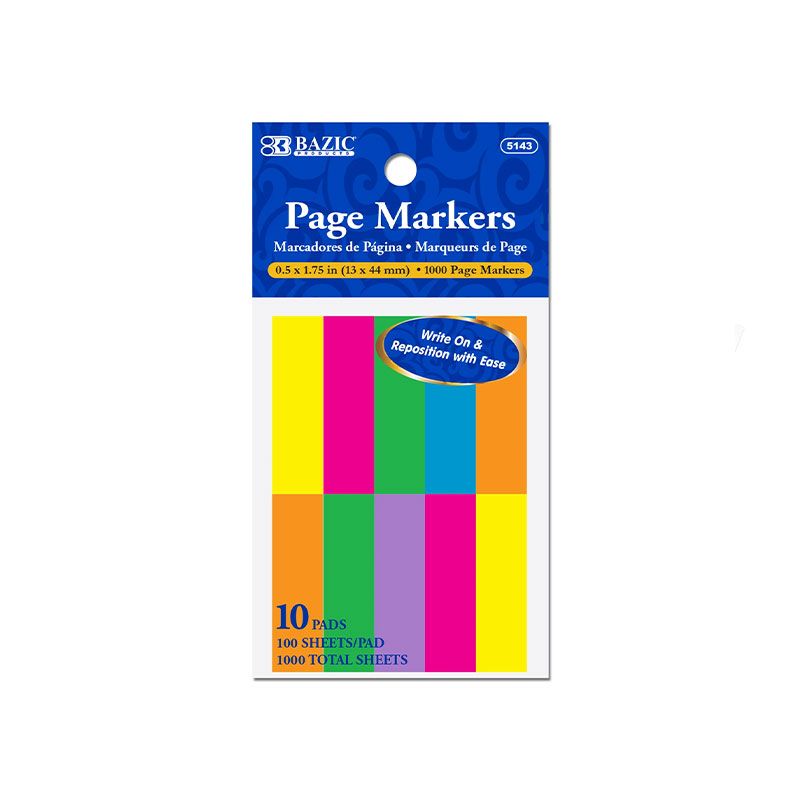 Neon Page Markers, 0.5 x 1.75 in, 100 Sheets, 10 Pads
