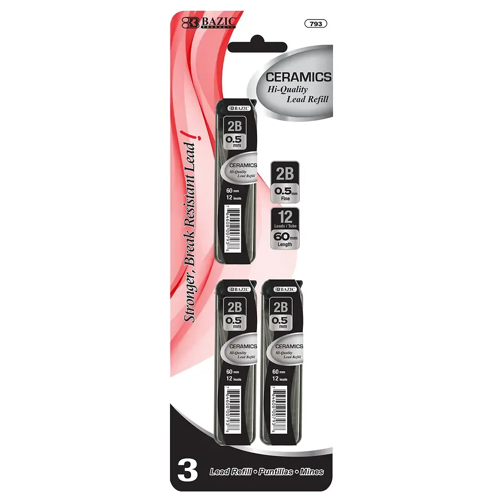 0.5mm 2B Ceramic Lead Refills, 3 Tubes x 12, 36 Pieces