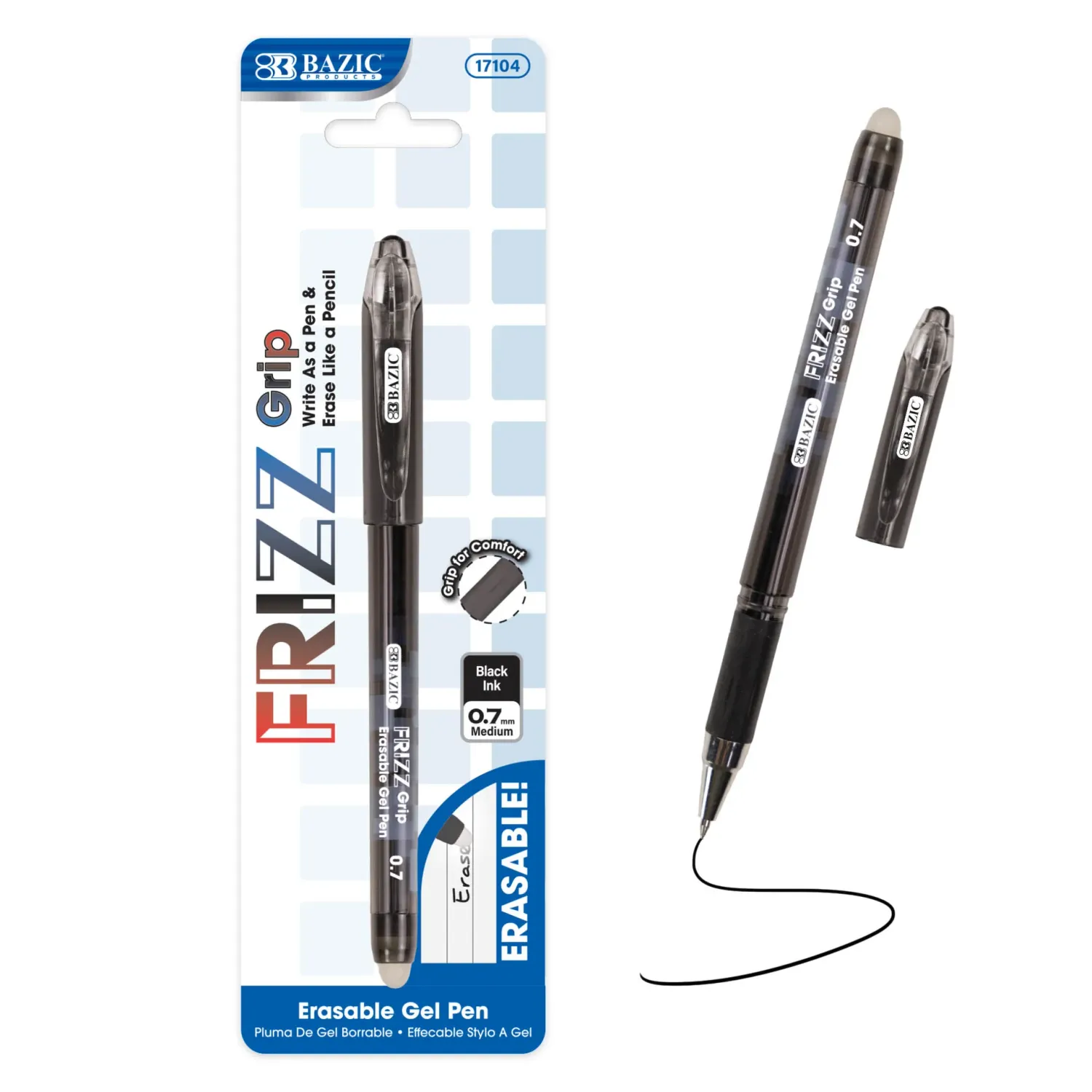 Frizz Black Erasable Gel Pen w/ Grip, 0.7mm Medium