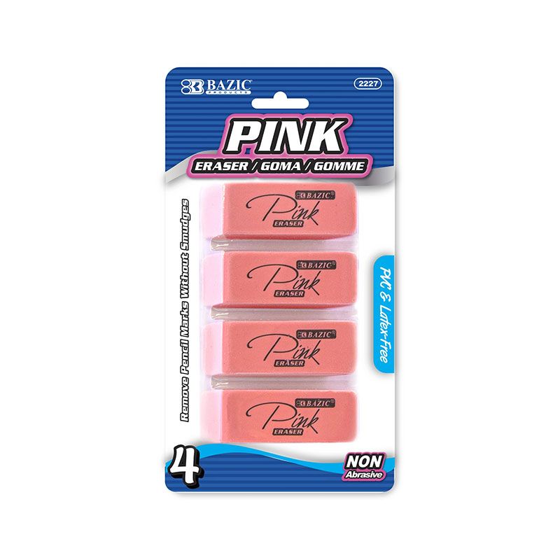 4 Pink Bevel Block Erasers, Latex-Free, PVC-Free