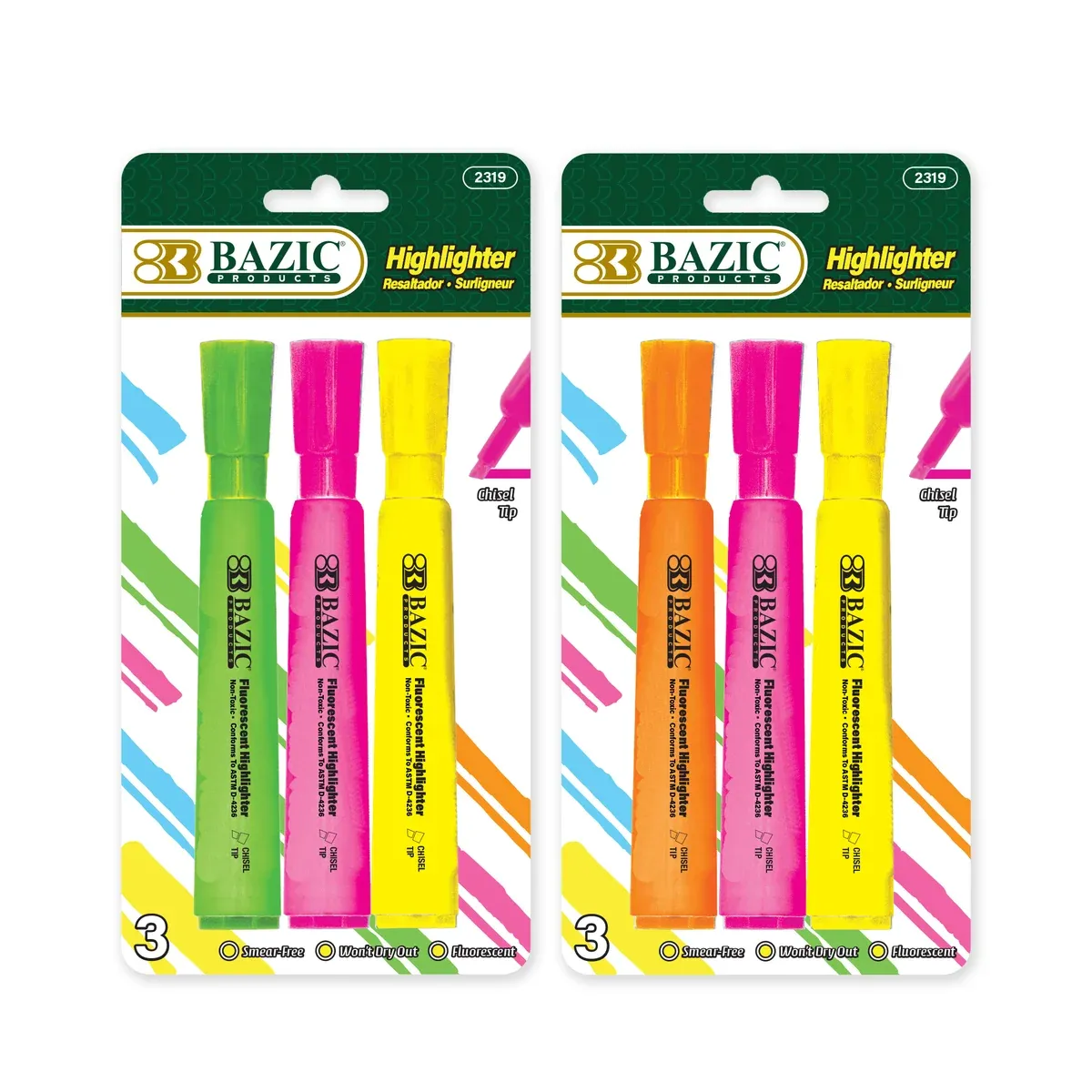 3 Desk Style Highlighters, Assorted, Chisel Tip