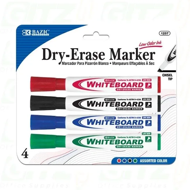 4 Assorted Chisel Tip Dry Erase Markers, Low-Odor