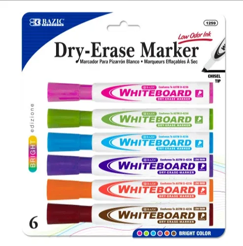 6 Bright Color Chisel Tip Dry Erase Markers, Low-Odor