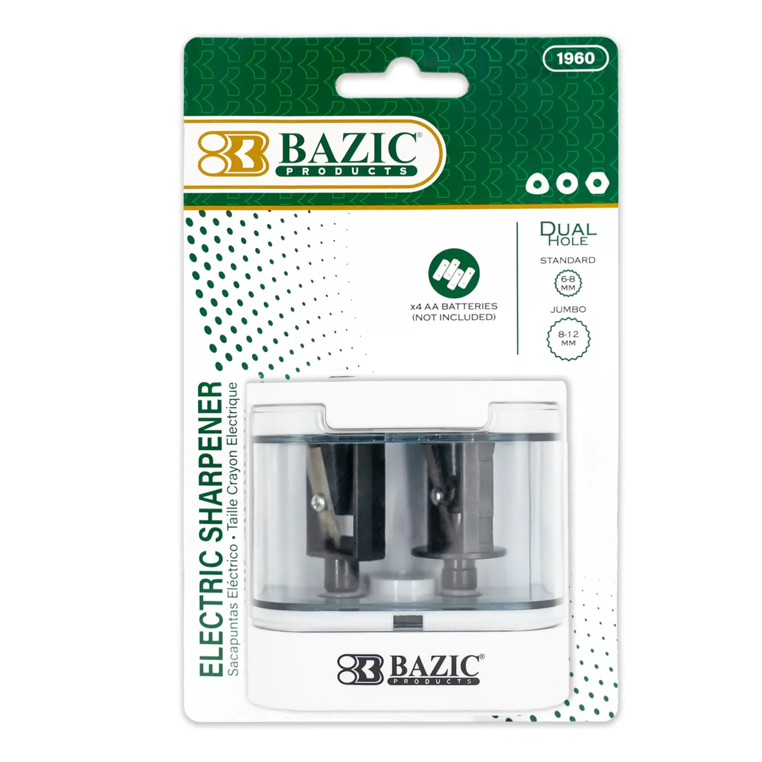 Battery Powered Pencil Sharpener, Dual Hole, w/ Receptacle