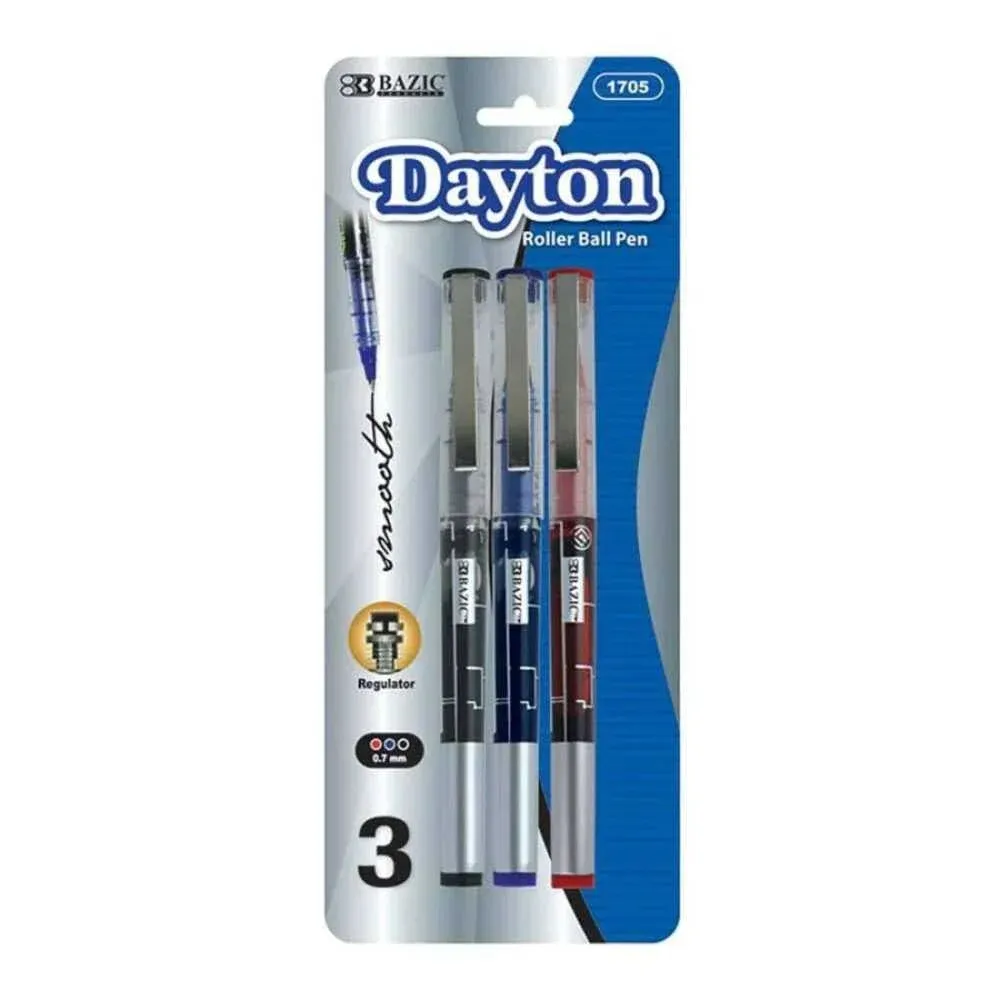 3 Dayton Assorted Rollerball Pens, Metal Clip, 0.7mm
