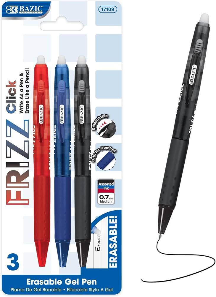 3 Frizz Assorted Retractable Erasable Gel Pens, Grip, 0.7mm