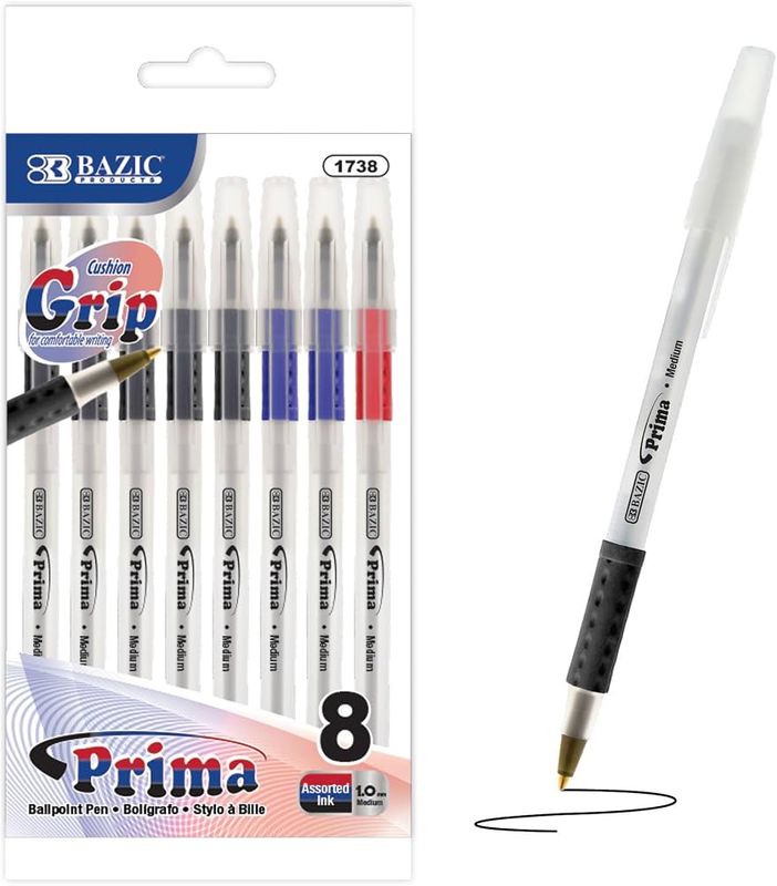 8 Prima Assorted Ink Stick Pens, Cushion Grip, 1.0mm