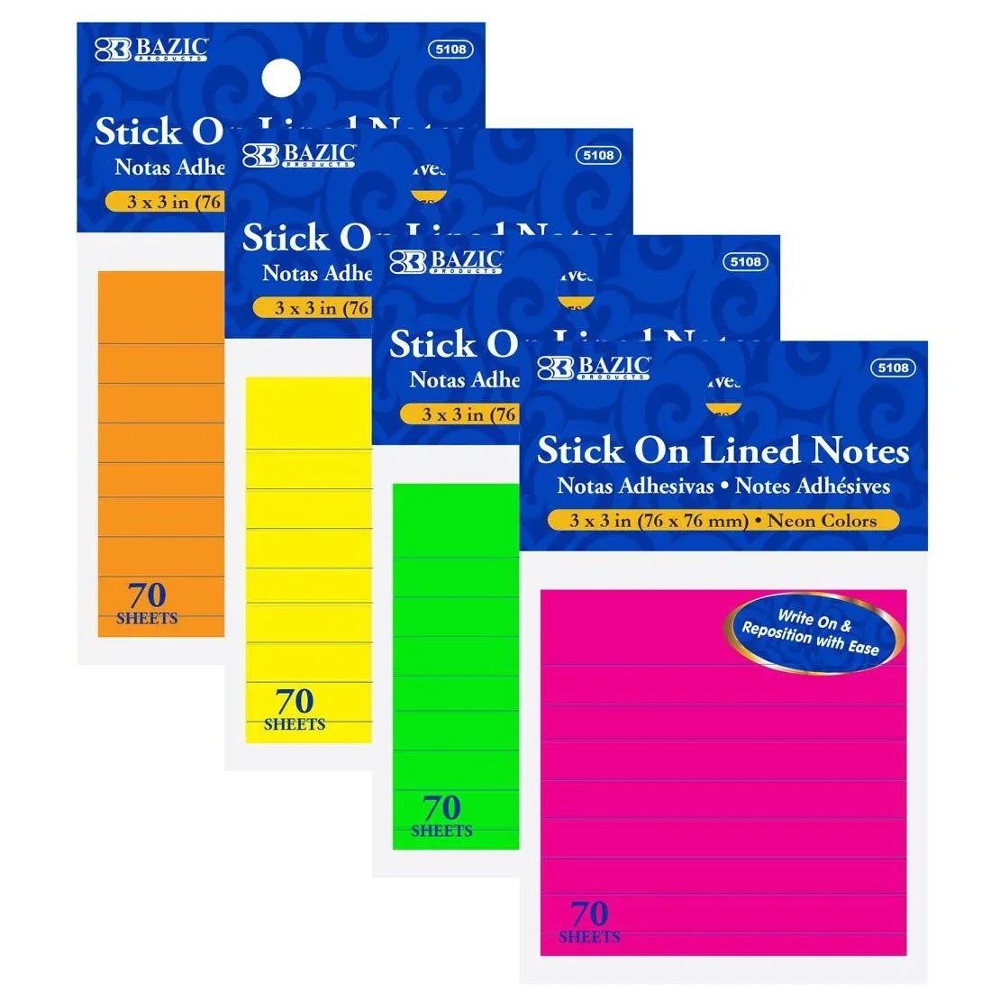 70 Ct. 3" X 3" Neon Lined Sticky Notes
