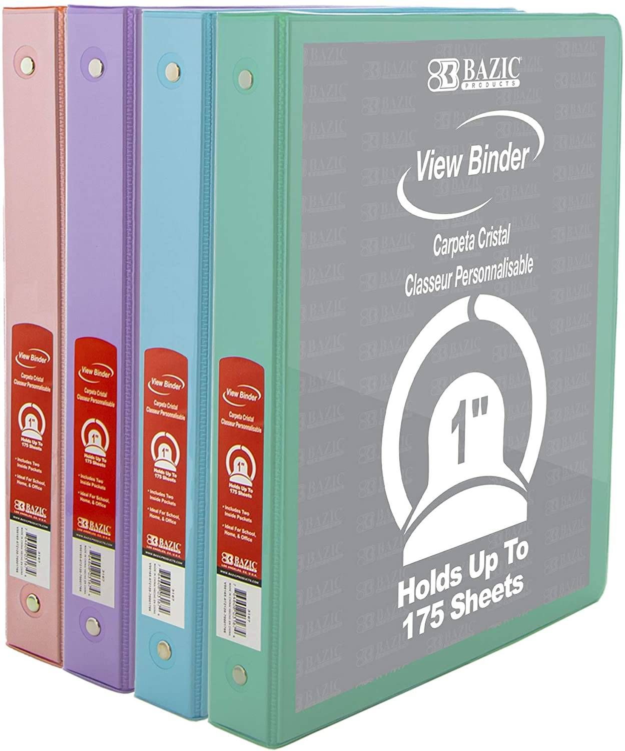 1" Assorted Pastel Color 3-Ring View Binder, 2 Pockets