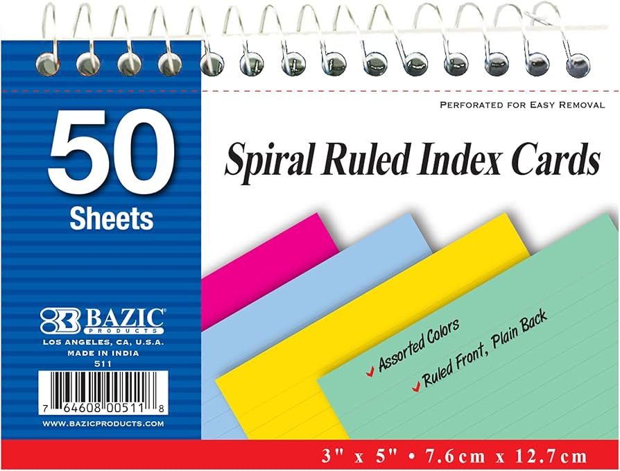 Colored Spiral-Bound Index Cards, 3 x 5 in