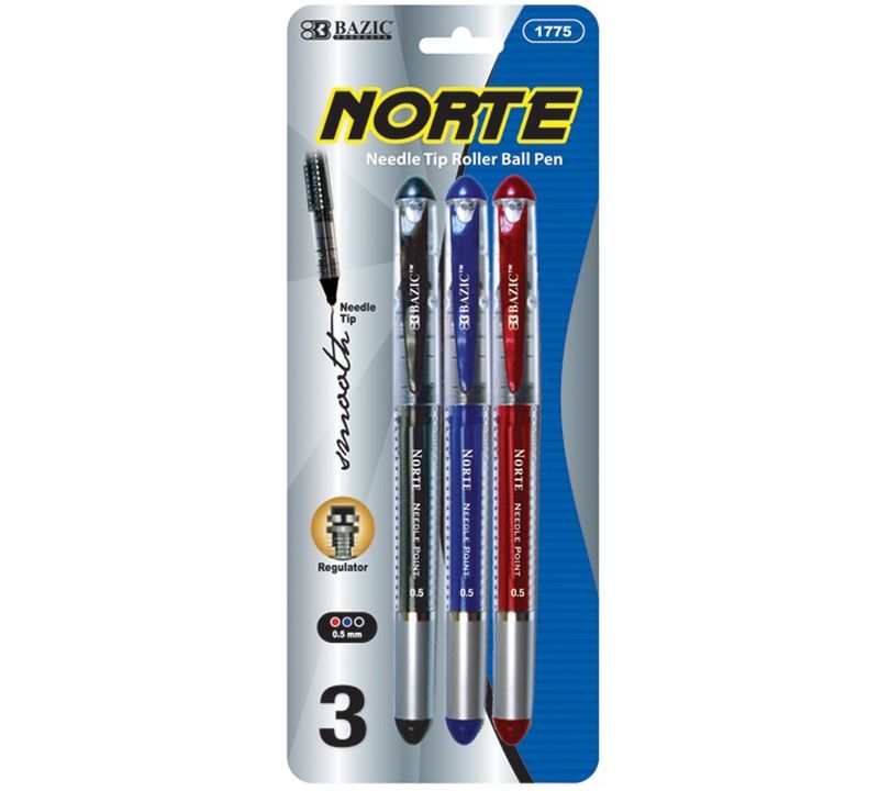 3 Norte Assorted Needle-Tip Rollerball Pens, 0.5mm