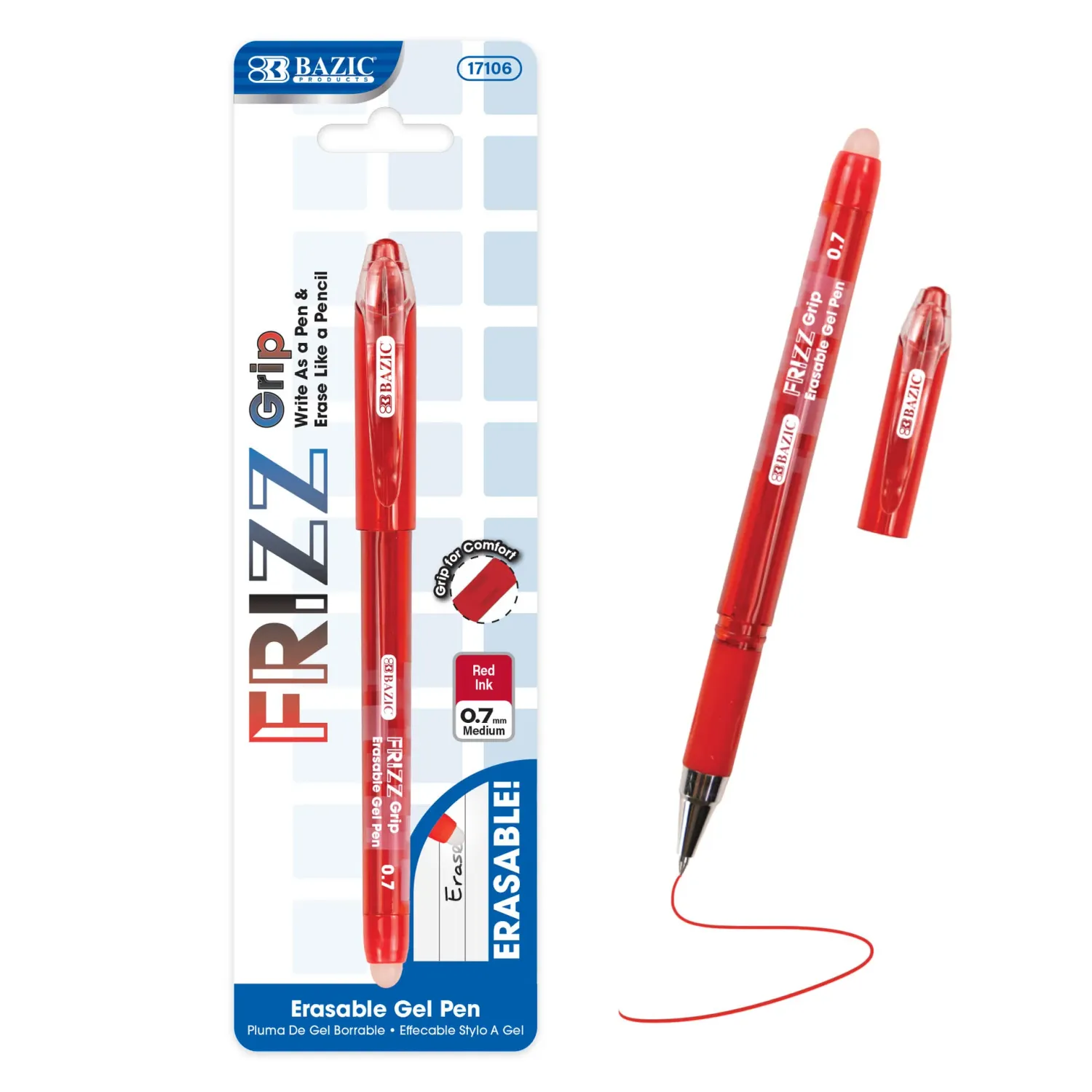 Frizz Red Erasable Gel Pen w/ Grip, 0.7mm Medium