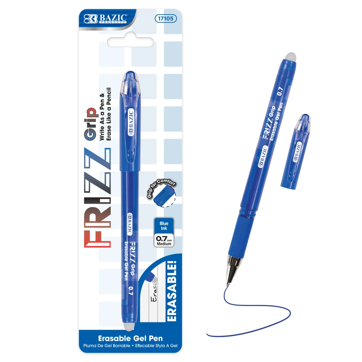 Frizz Blue Erasable Gel Pen w/ Grip, 0.7mm Medium