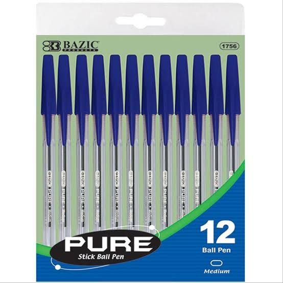 12 Pure Blue Ink Stick Ballpoint Pens, 1.0mm Medium