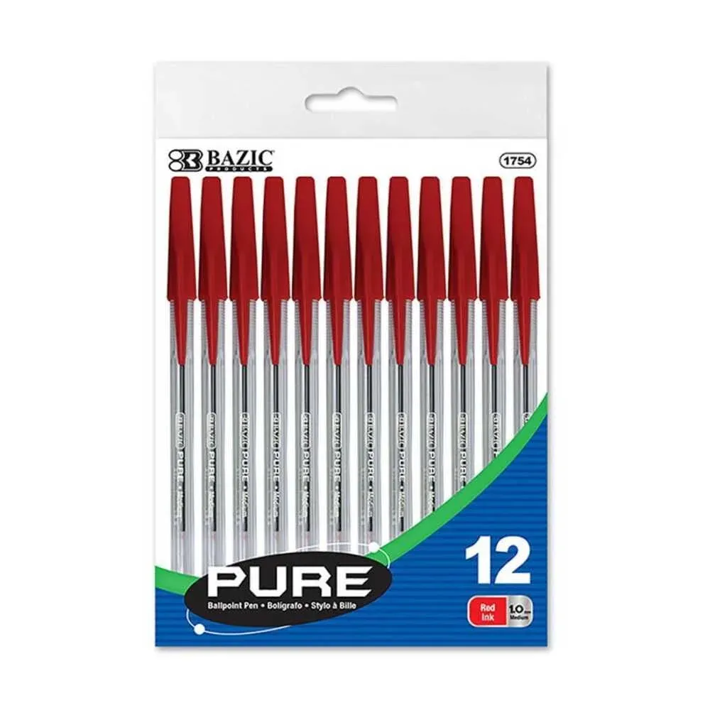 12 Pure Red Ink Stick Ballpoint Pens, 1.0mm Medium